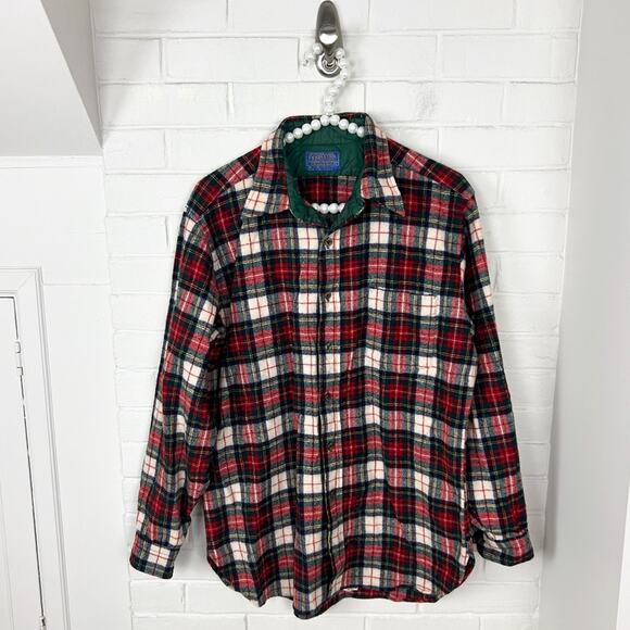Vintage Men’s Pendleton Christmas Red Plaid Wool Button Down Flannel Shirt L - Picture 1 of 10